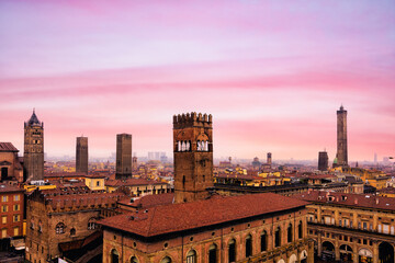Top view from the drone of Via Indipendenza in the city of Bologna at sunset. Best city in Italy Europe in 2022. Wonderful romantic panorama of old city. University, art, cuisine. Traveling concept  © fabrizio maffei