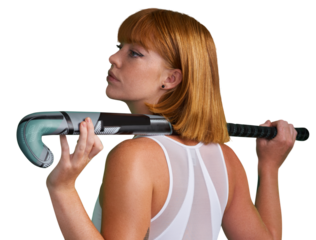 Hockey, fitness and woman sports athlete at training, exercise and workout isolated in a transparent or png background. Competition, wellness and young female person ready for game and health