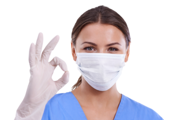 Woman, portrait and doctor with face mask or okay sign for health safety isolated on a transparent PNG background. Female person, medical or healthcare nurse with OK or approval for facial protection
