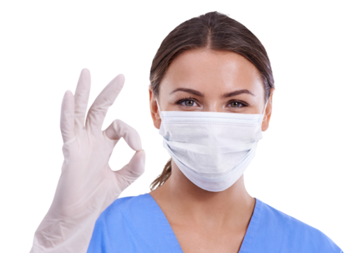 Woman, portrait and doctor with face mask or okay sign for health safety isolated on a transparent PNG background. Female person, medical or healthcare nurse with OK or approval for facial protection