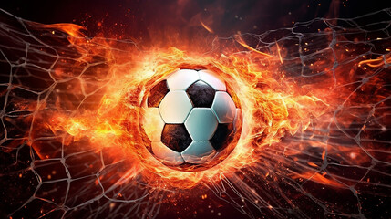 Fototapeta premium Fiery soccer ball in goal with net in flames. Generative AI