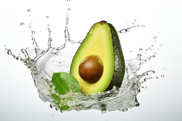 Sliced avocado with splashes isolated on white background (ai generated)