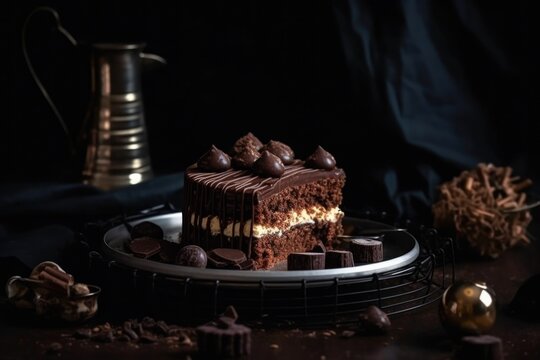 Chocolate sponge cake on a dark background, dessert for birthday and holiday
