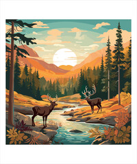 Nature sunset mountain vector animals designs,