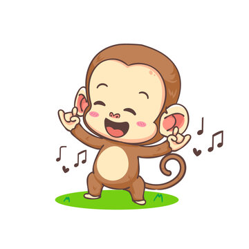 Cute monkey with metal hand sign cartoon character. Adorable animal mascot concept design. Isolated white background. Flat Vector illustration