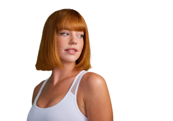 Sports, fitness and strong with woman and thinking on png for training, health and workout. Exercise, wellness and gym with face of female athlete isolated on transparent background for performance