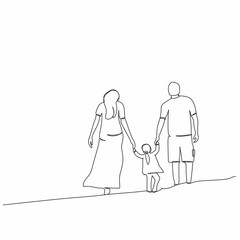 One continuous single line of father and mother and daughter isolated on white background.