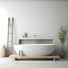 Fototapeta na wymiar Minimalist bathroom interior with wooden details. Freestanding bathtub and wooden washbasin. Scandinavian style. Farmhouse interior design