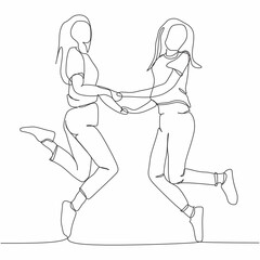 One continuous single line of jumping woman friendship day isolated on white background.