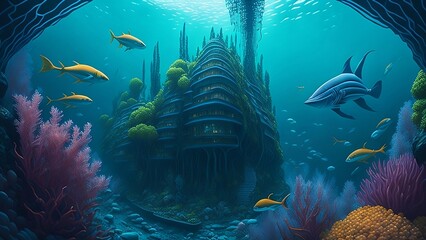 Obraz na płótnie Canvas Underwater City Vibrant Coral Reefs Bio-luminescent Sea Creatures Transparent Domes Submerged Skyscrapers Underwater Transportation Scuba Divers Floating Kelp Forests Biotechnological Marvels Hidden U