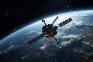 Obraz na płótnie Canvas Telecommunications satellite in Earth orbit. Data transfer and communication concept.