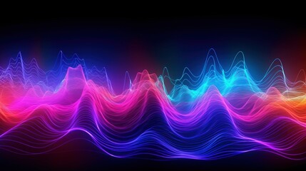 Naklejka na ściany i meble Visualization of sound waves. Abstract futuristic background with colorful glowing neon moving high speed wave lines and bokeh lights. Data transfer concept. Fantastic wallpaper. Generative AI