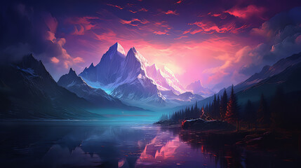 The mountain range at night with water and sunset, in the style of detailed character illustrations, light crimson, and magenta, I can't believe how beautiful this is, digital art, vibrant colors cape