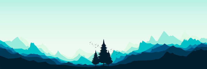 winter mountain landscape with tree silhouette vector illustration good for wallpaper, background, backdrop, banner, and design template