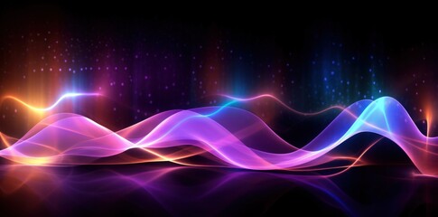 Naklejka premium Visualization of sound waves. Abstract futuristic background with colorful glowing neon moving high speed wave lines and bokeh lights. Data transfer concept. Fantastic wallpaper. Generative AI