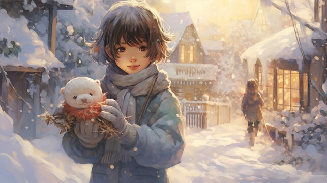 A girl brings a doll when snowing in winter . 