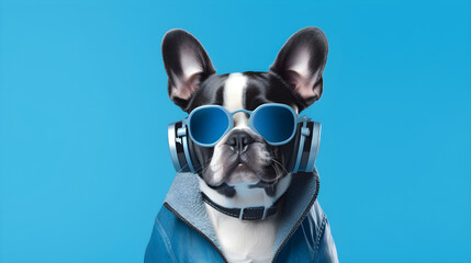 Portrait of adorable dog wearing a blue jacket with headphones on flat blue background. Cool fashionable dog listens to music on wireless headphone on blue background. Creative idea concept