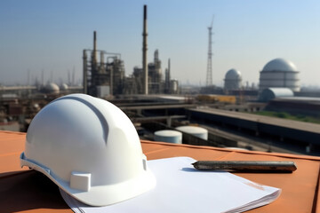 Fototapeta na wymiar Safety hat placed on top of an Architecture Blueprint paper on a table, with a captivating Petrochemical Refinery Complex background, construction, and industry. Generative AI.