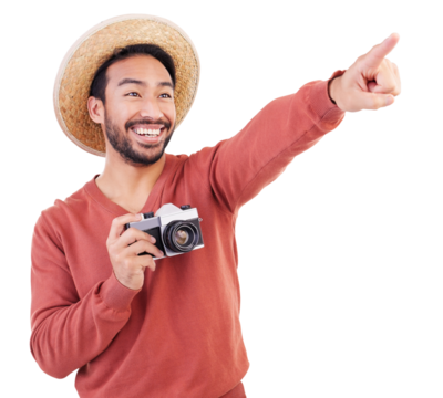 Photographer, pointing and travel with man and camera on png for holiday, search and adventure. Vintage, retro and picture with person isolated on transparent background for photography and tourism
