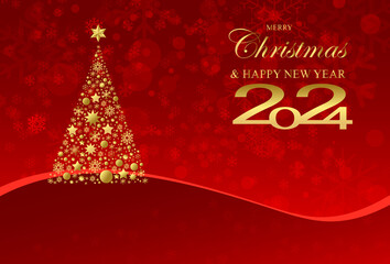 Fototapeta na wymiar Merry Christmas Golden tree design with Snowflakes on red background. Vector Illustration.