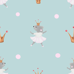 seamless pattern mouse ballerina. cute pattern for children's textiles a mouse in a skirt and crown is dancing. minimalistic pattern for children's textiles, printing, wallpaper.