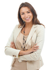 Business, portrait of woman CEO and arms crossed for happy entrepreneur isolated on transparent png...
