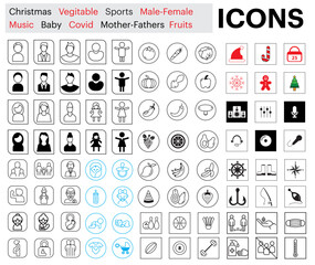 icons set. christmas, vegetables, sports, male, female, music, baby, covid, mother, father, fruits icons.