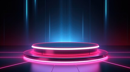 Futuristic abstract empty podium in modern tech style with glowing neon light,3D widescreen background product presentation and Innovation showcase concept, spotlight background. Generative AI