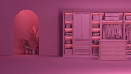 Viva magenta is a trend colour year 2023 in walk in closet with wardrobe. Clothes on a hanger, luxury armchair storage shelf in pastel coral background. 3d rendering, concept for shopping store