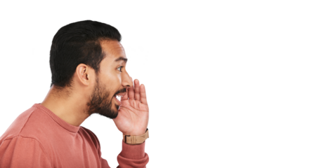 Secret, whisper and asian man with news info on isolated, transparent or png background. Confidential, announcement and male person with hand emoji for promo, deal or coming soon gossip or deal drama