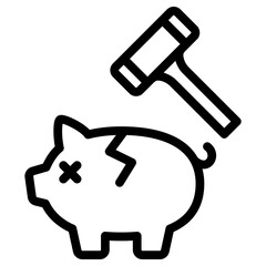 Hammer and broken piggy bank, Save money concept, Vector outline illustration.