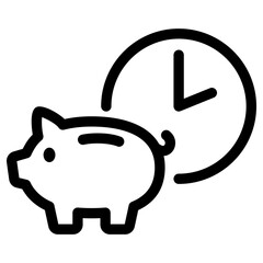 Piggy bank with clock icon, Time is money, Vector outline illustration.