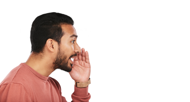 Secret, whisper and asian man with news info on isolated, transparent or png background. Confidential, announcement and male person with hand emoji for promo, deal or coming soon gossip or deal drama