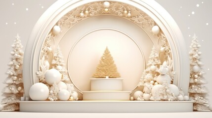 Podium in modern of a joyous festival of Christmas and New Year a gift box with a pine tree, 3D rendering for product presentation , Generative AI.