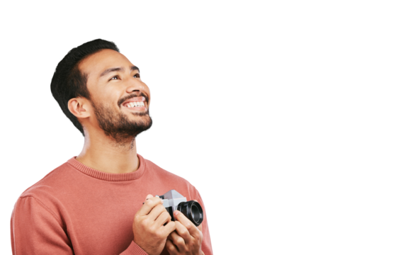 Camera, photography and young man with a creative, art or artistic photoshoot production job. Happy, smile and profile of a male photographer taking pictures isolated by a transparent png background.