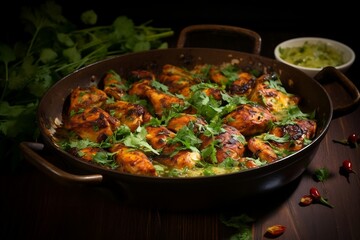 A pan filled with chicken and garnished with cilantro. AI