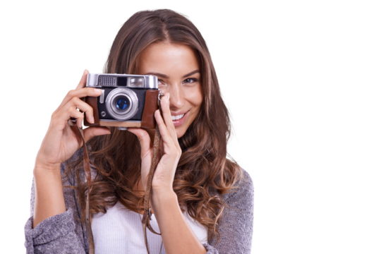 Photography, lens and woman photographer with camera happy with shot, picture and isolated in a transparent or png background. Photo, vintage and portrait of creative young female person or paparazzi