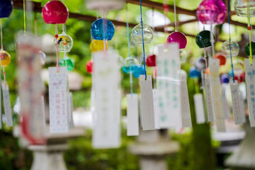 Kyoto, Japan - June 12 2023 : Japanese wind chimes at Matsunoo Taisha Shrine. Japanese Garden Wind...