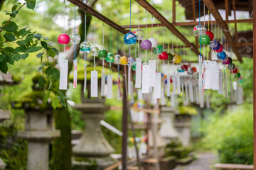 Kyoto, Japan - June 12 2023 : Japanese wind chimes at Matsunoo Taisha Shrine. Japanese Garden Wind bells.