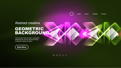 Abstract background landing page, geometric shape illuminated with glowing neon light on dark background. Futuristic city lights concept