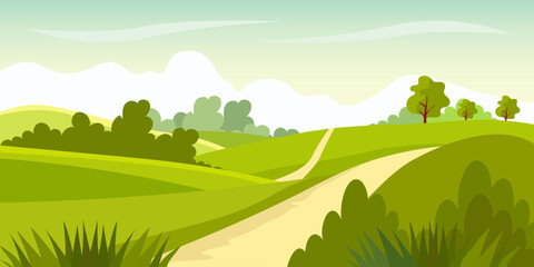 Cartoon rural grassland landscape, rural lane road to horizon through green pasture meadows with grass and trees in fields, summer farmland panorama. Farm field landscape vector illustration.