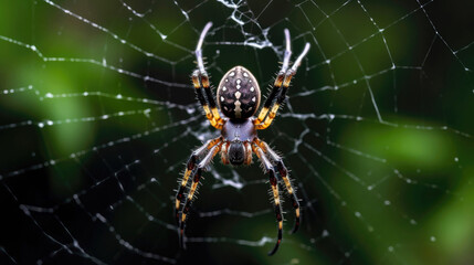 Close-up of spider crawling on a net in nature