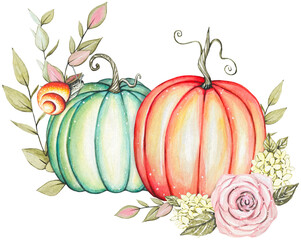 Pumpkins, autumn leaves and flowers. Watercolor