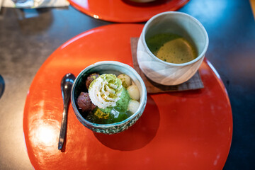 Matcha sweets in Uji, Kyoto, Japan. Japanese green tea traditional sweets.