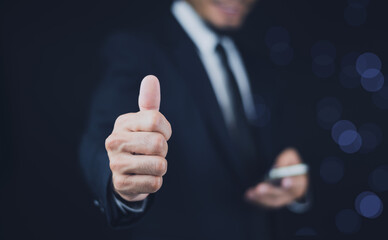 thumbs up concept, businessman showing thumbs up sign  with copy space. thumbs up