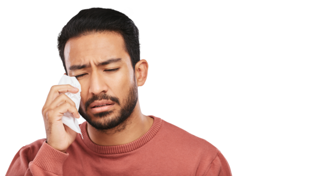 Mental health, tissue and face of sad man crying over emotional problem, heartbreak or mourning loss. Handkerchief napkin, depression pain or person wipe tears isolated on transparent, png background - Powered by Adobe