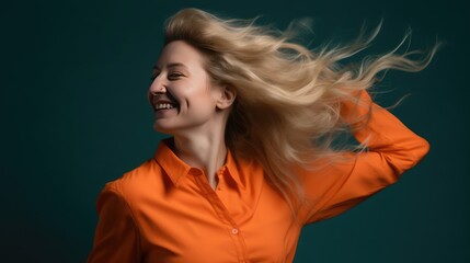Fototapeta premium Successful blonde woman with orange clothes enjoying the moment. Generative AI