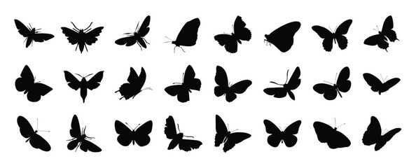Set of butterfly silhouette vector. Butterflies, moth and insect in different wings style shapes, flying. Hand drawn black insect illustration for logo design, sticker, cover, y2k design, icons.