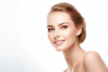 Fototapeta premium Beautiful face of a young woman with perfect health skin on light background. Generative AI