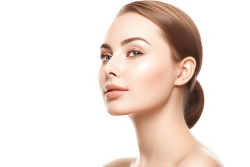 Fototapeta premium Beautiful face of a young woman with perfect health skin on light background. Generative AI
